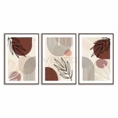 Dekoratif Bordo Yaprak Desen Bohem Retro Art Minimal 3lü Set Tablosu - MNT125